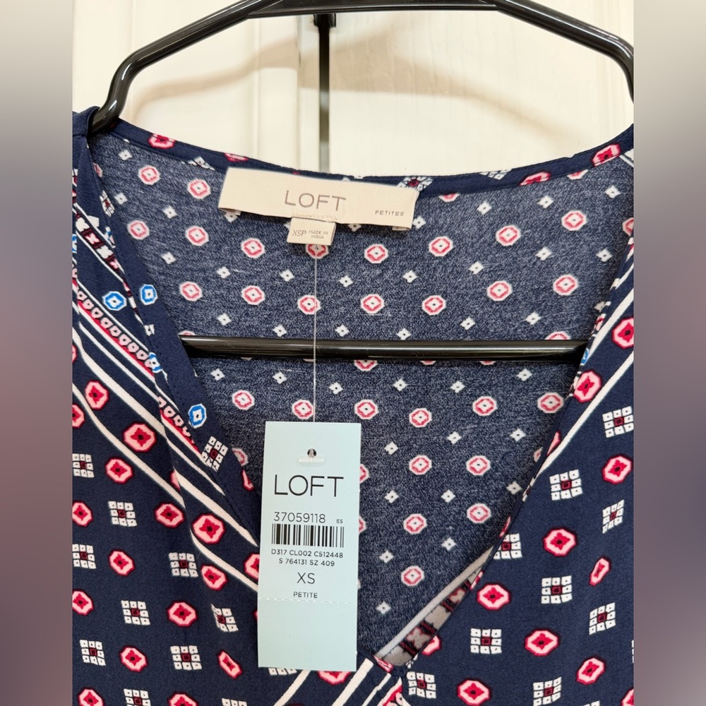 LOFT Navy Geometric Print V-Neck Dress with Pink Accents - Picture 2 of 3